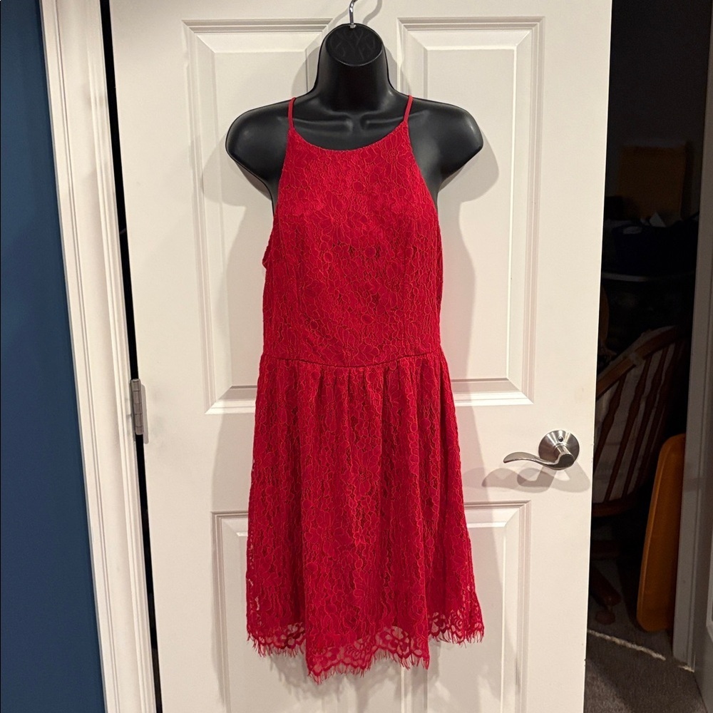 Medium red Soprano Dress - lacy, with spaghetti straps and fringe bottom - NWT